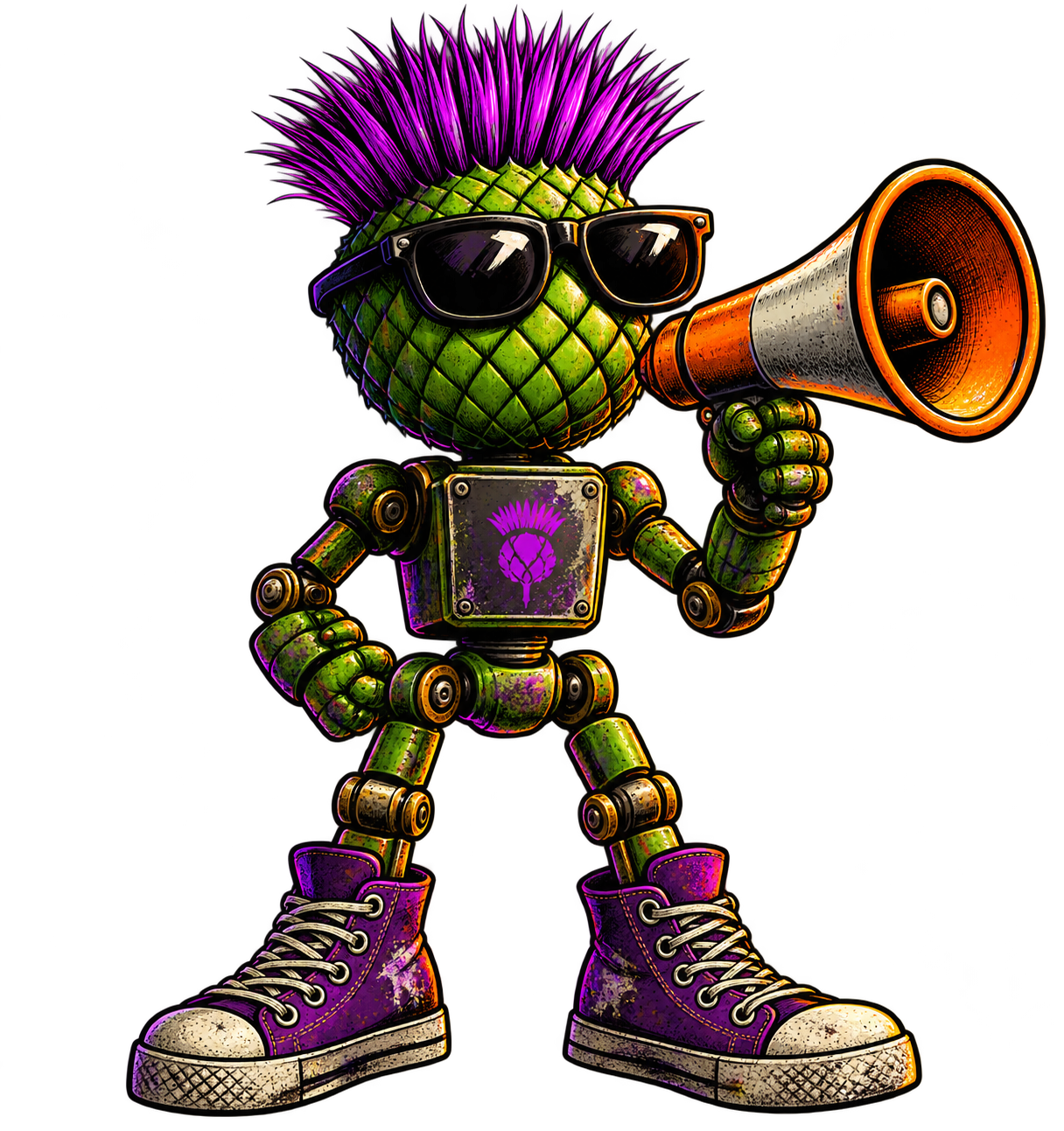 The Speaker mascot — a punk thistle robot with a megaphone